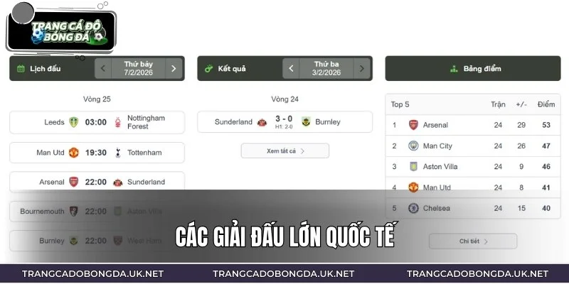 Hội viên có thể theo dõi lịch đấu ở các giải quốc tế lớn